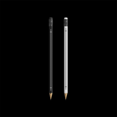 Two black pencils featuring the visual identity symbol