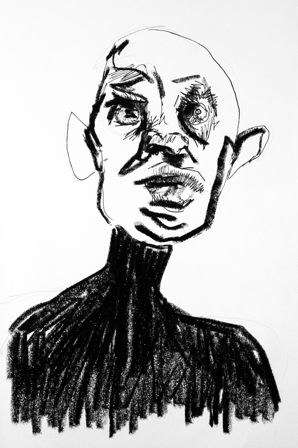 Black and white illustrated portrait of the fictional character