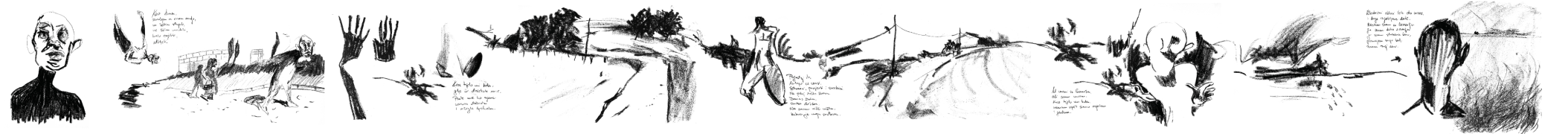 Long panoramic black and white illustration from the scroll